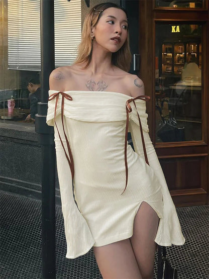 Backless Lace-up Slim Mini Dress Ribbed Long Sleeve Off-shoulder Summer Dress Female Party Dress New