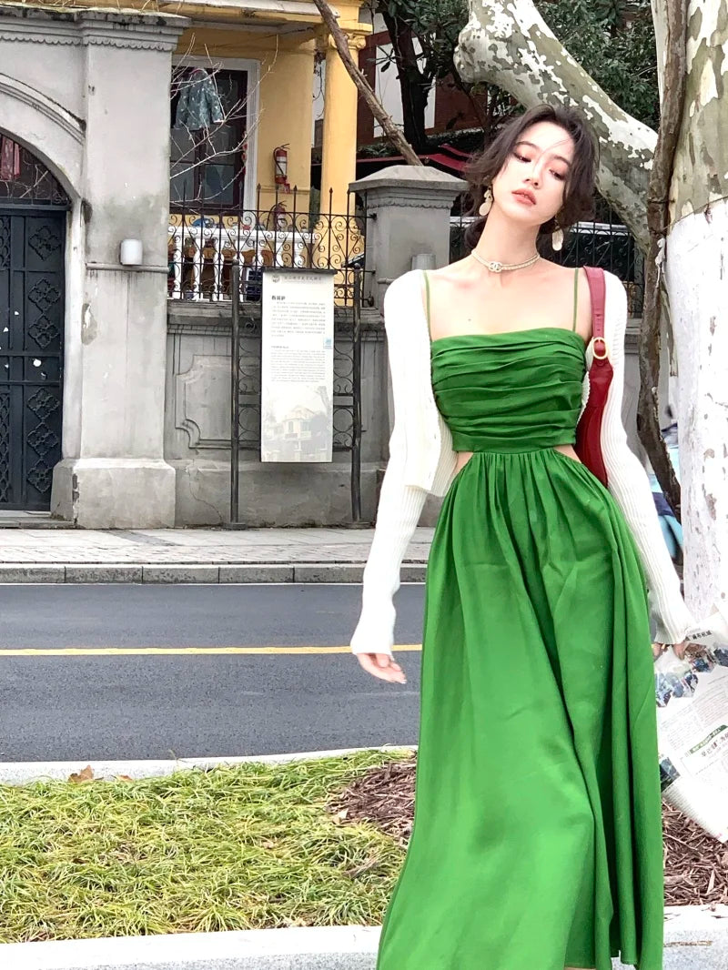 White Suspender Long Dresses for New Summer Hollow Out Expose Waist Clothes Beach Vacations Female Dress