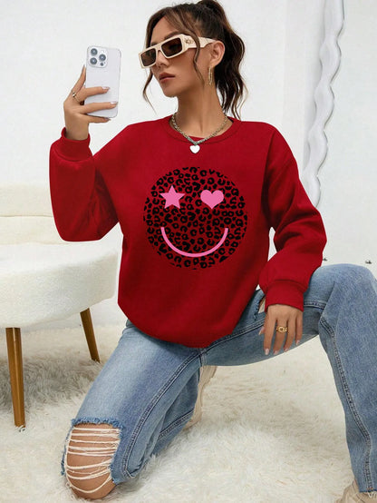 Leopard Print Smile Face Love Printed Sweatshirt Autumn Soft Hoody Fleece Warm Hoodies Street All-match Female Pullover