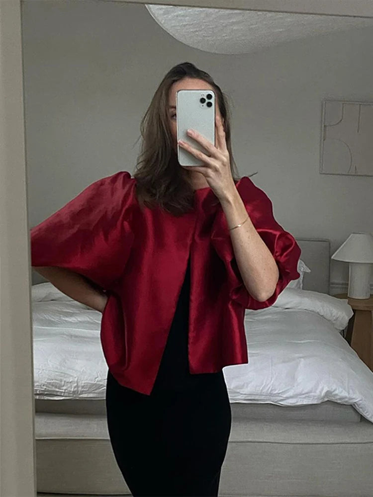 Stain Puff Sleeve Blouses Loose O-neck Single Breasted Shirts Female Summer Street Tops