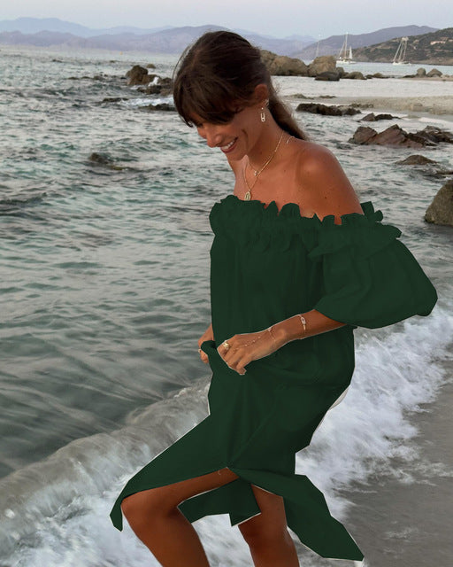 Summer Color Slit Long Dresses Off Shoulder Backless Loose Beach Vacation Dress Vestidos