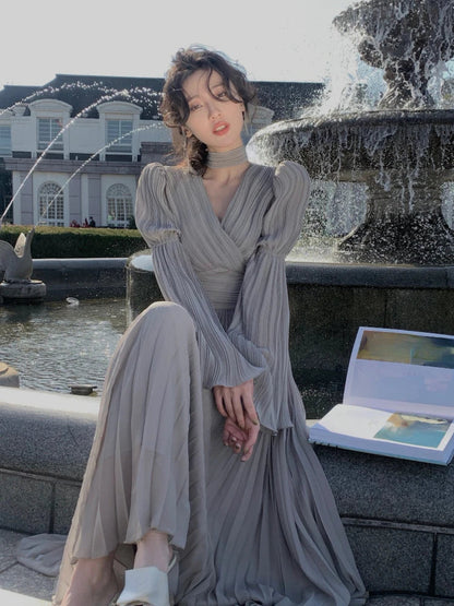 French Ruffle Irregular Long Dresses Fairy Pleated Party Evening One Piece Dress Korean Female Clothings