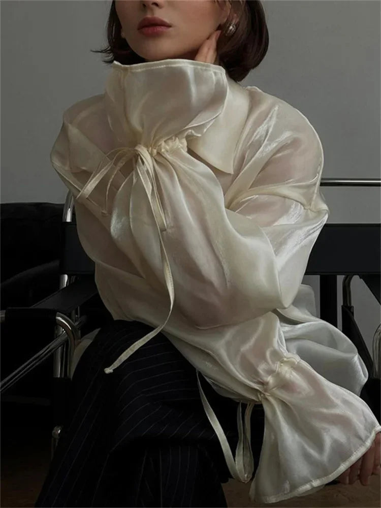 Loose See-through Shirts Coat Female Lapel Long Sleeve Lace-up Summer Outwear ’s Patchwork Blouse