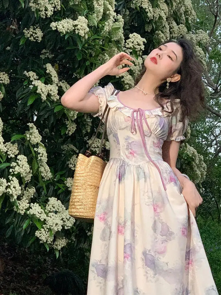 French Printing Long Dress Bandage Short Puff Sleeve Dress Summmer Bodycon Prom Party High Waist Dresses Woman