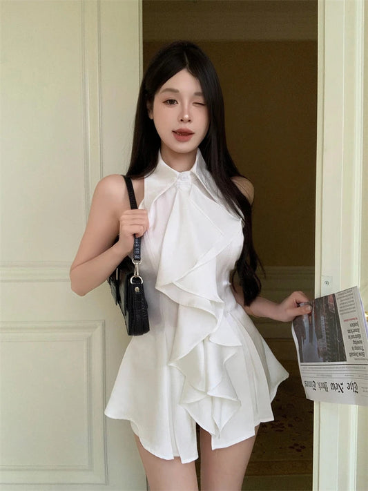 White Shirts&blouses Ruffles Korean Spring Summer Blusas Mujer Sleeveless Camisas