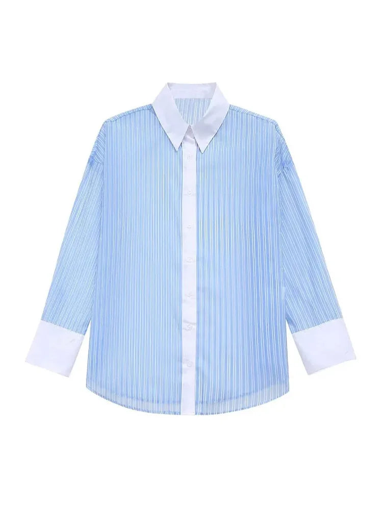 Spring Shirt Woman Blue Striped Lapel Long Sleeve Single Breasted Female Transparent Blouse