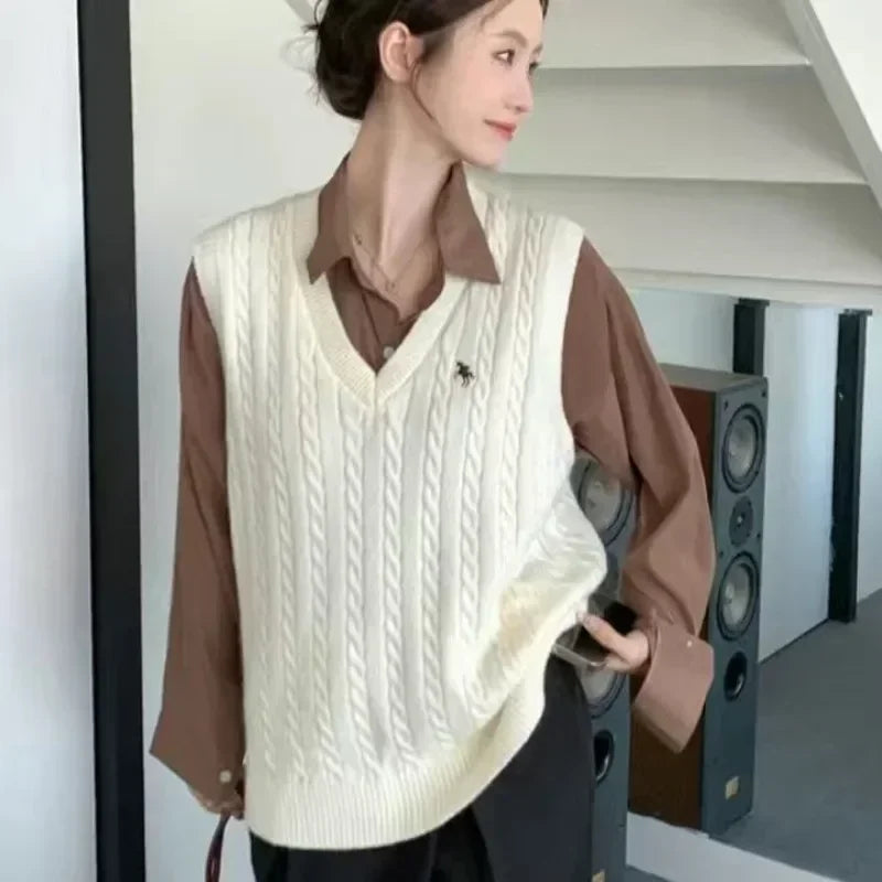 Sweater Cardigan Sleeveless Top Sweater Knitted Vest Commuter Style Clothes Preppy Look Autumn Winter Woolly
