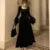 Y2k Velvet Long Dresses for Flare Sleeve Square Collar Slim Waist A-line Autumn Winter Evening Party Prom Robe Vestidos