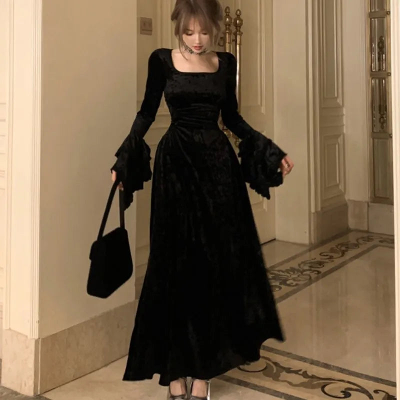 Y2k Velvet Long Dresses for Flare Sleeve Square Collar Slim Waist A-line Autumn Winter Evening Party Prom Robe Vestidos