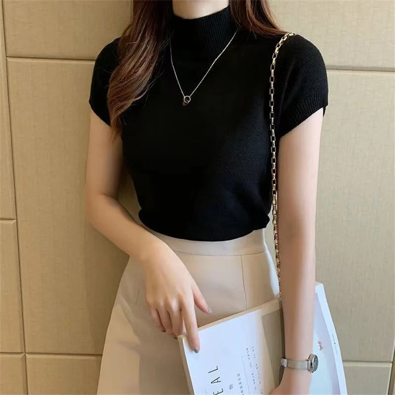 Woman Blouses Short Sleeve Summer Tops Blouse Turtleneck Knitted Blouse Shirt Tops Blouses Df4908