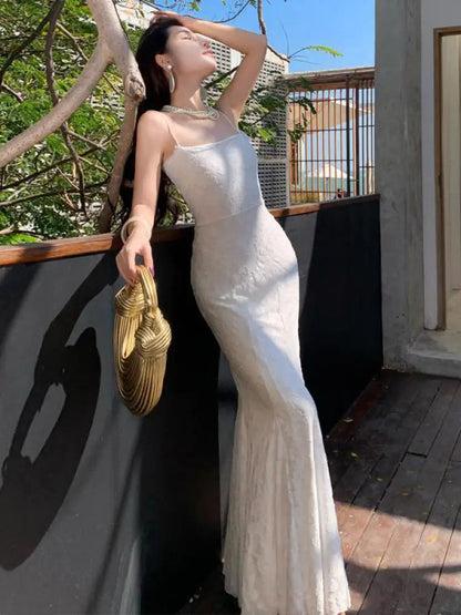 French Summer White Lace Club Slip Long Dress Yellow Backless Pleated Wrap Hip Fishtail Evening Dress Simplicity
