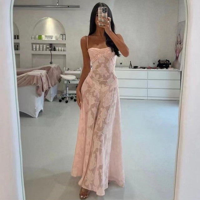 Summer New Dresses for Spaghetti Strap Lace Hollow Out Low Cut A-lin Long Dress Beach Vacation Vestidos
