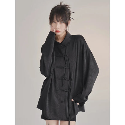 French Elegance Black Blouses Baggy Lapel Collar Korean Lady Sweet Cross Bandage Exquisite Shirts Single Breasted