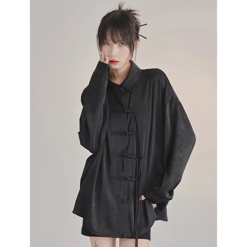 French Elegance Black Blouses Baggy Lapel Collar Korean Lady Sweet Cross Bandage Exquisite Shirts Single Breasted