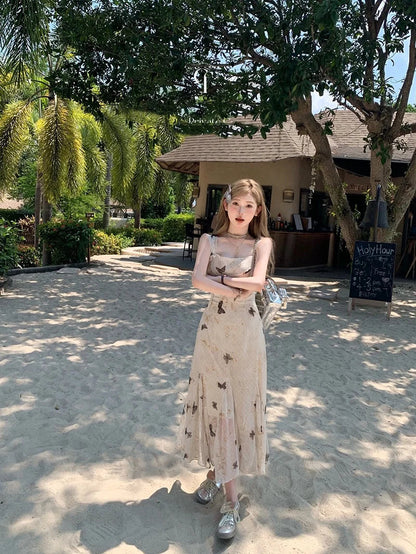 Y2k Spaghetti Strap Dress New Print Midi Dress Female Korean Slim Beach One Pieces Vestidos