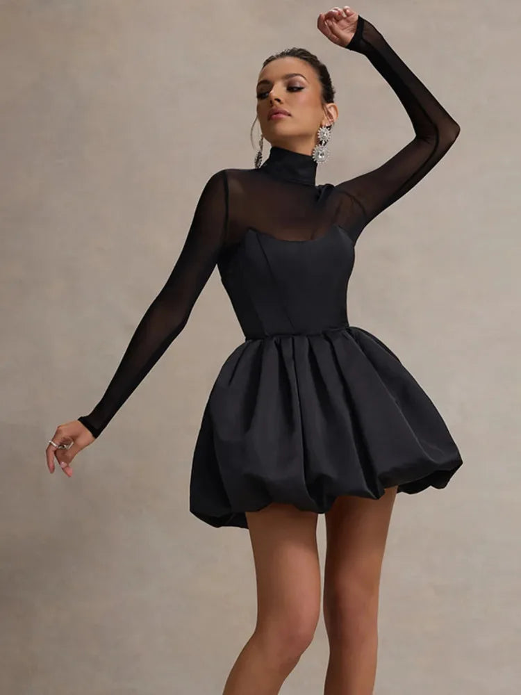 Turtleneck Sheer Long Sleeve Mini Dress for Black See Through High Waist A-line Club Party Dress