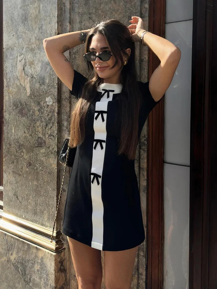 Summer Dresses Woman White Black Oneck Short Sleeves Bow Decorate Zipper Female Mini Dress