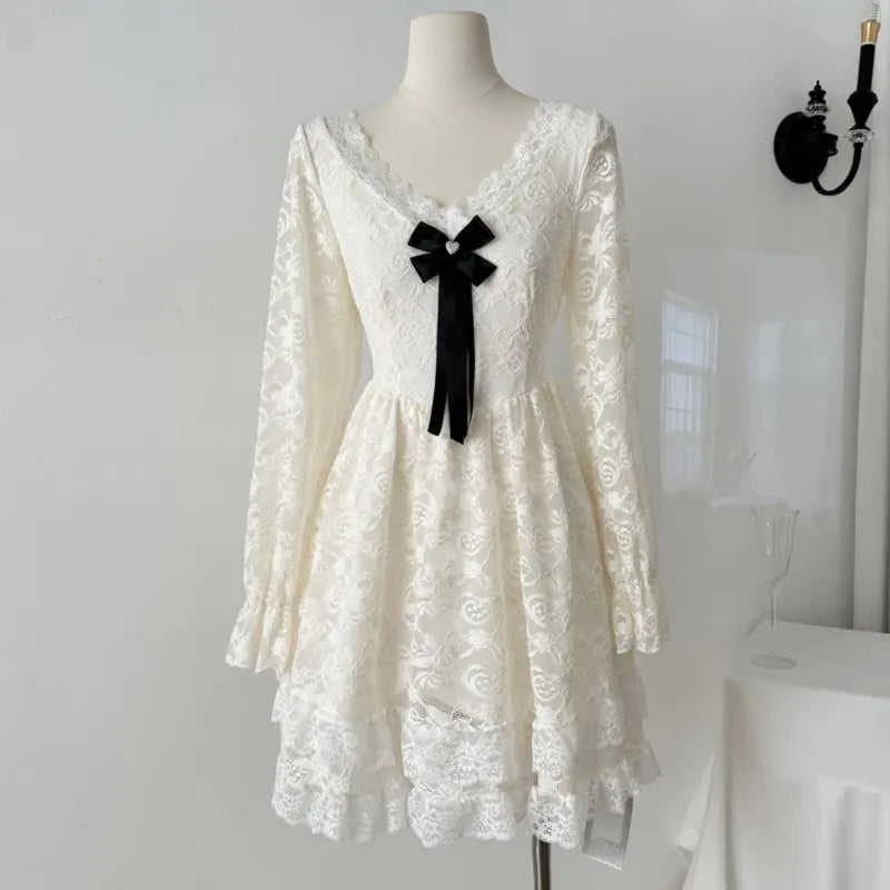 Lace Mini Dresses V-neck Long Sleeve Ruffles A-line Autumn New Sweet Korean Party Dress Female Vestidos