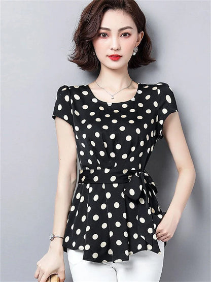 Summer Style Chiffon Blouses Shirts Lady Short Sleeve O-neck Polka Dot Printed Blusas Tops Df2824