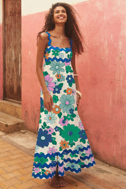 Summer Printed A-line Long Dress Backless Holiday Beach Spaghetti Strap Dresses for Maxi Vestidos Para Mujer