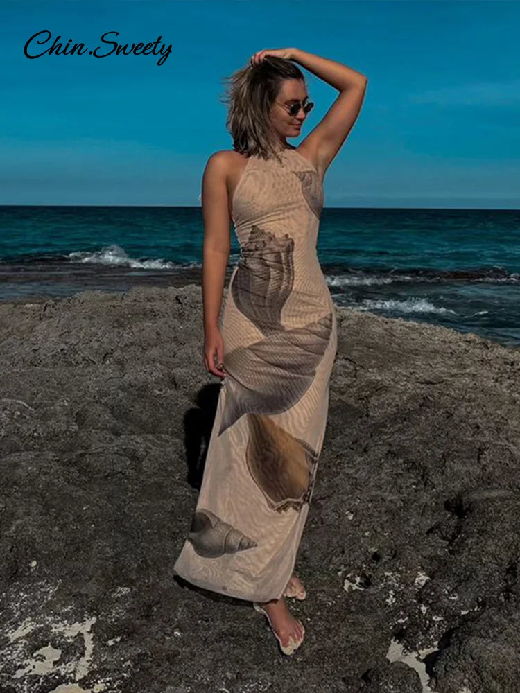 Print Backless Tulle Long Dresses for Halter Lace Up Sleeveless Holiday Dresses Slim Beach Vacation Robes