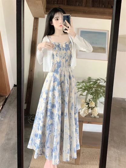 Summer Spaghetti Strap Long Dresses Prints French Midi Dress Stylish Partywear Sleeveless Ropa Mujer