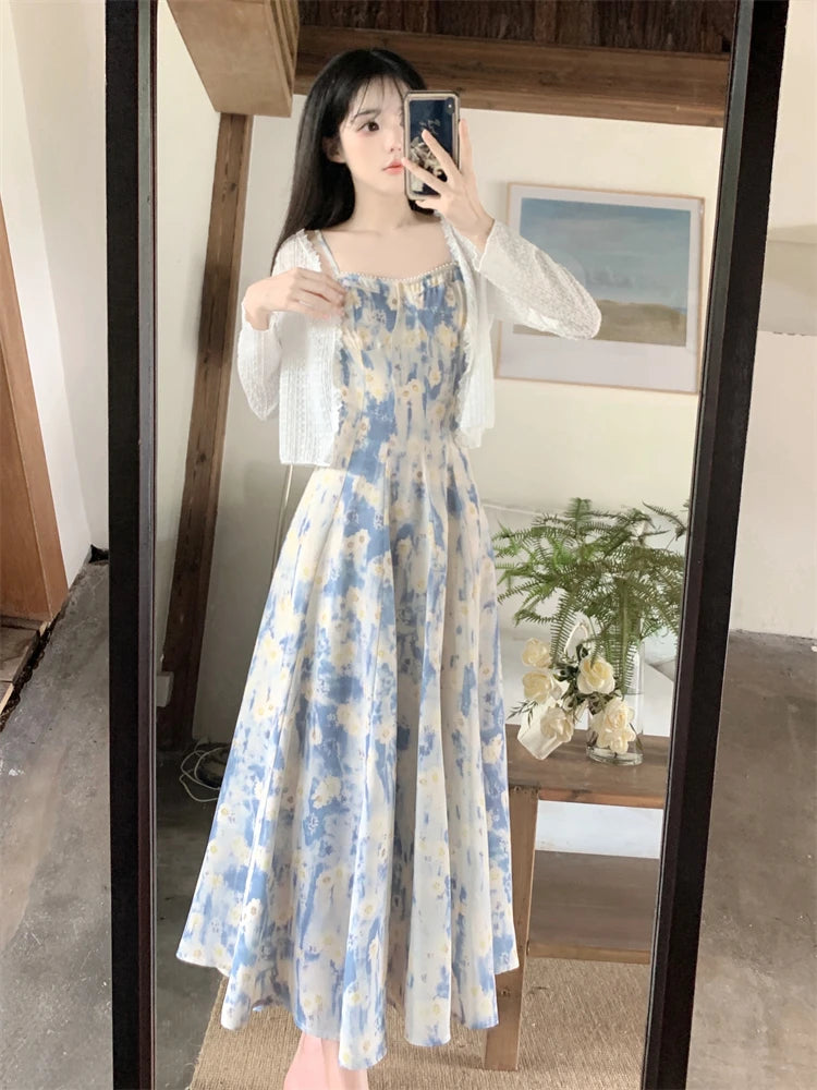 Summer Spaghetti Strap Long Dresses Prints French Midi Dress Stylish Partywear Sleeveless Ropa Mujer