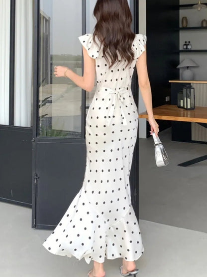 Bodycon Dot Midi Dresses for Ruffles V-neck Sleeveless Slim Mermaid Evening Party Dress Prom Robe Vestidos Mujer