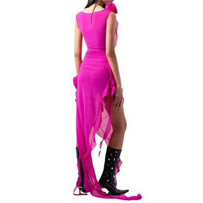 Ruffle Dresses for Color Sleeveless Irregular Hem Long Dresses See Through Sheer Dress With 3d Flower