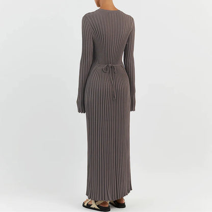 Ribbed Knit Full Sleeve Maxi Dress Crew Neck Bodycon Pencil Long Dress Tie Waist Dress 90s