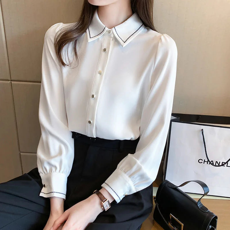 Spring Autumn Style Blouses Shirts Lady Long Sleeve Turn-down Collar Color Blusas Tops Df4959