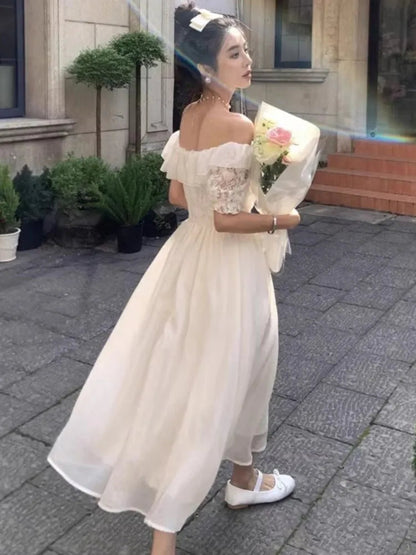 New Summer Off Shoulder Midi Dress Lace Patchwork Ruffles Aline Party Dresses Prom Robe Vestido