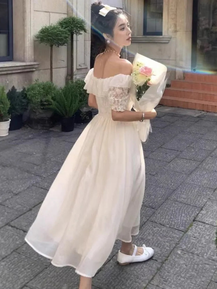 New Summer Off Shoulder Midi Dress Lace Patchwork Ruffles Aline Party Dresses Prom Robe Vestido