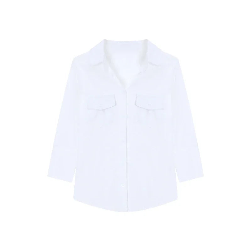 Navy Blue Three Quarter Shirt for Tops Button Up Slim White Blouse Female Autumn Black Clothes