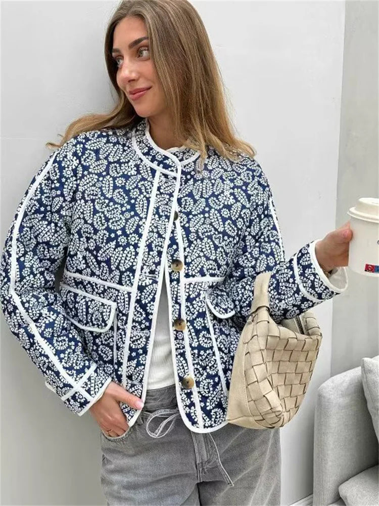 Printed Patchwork Jackets Female Contrast Loose Long Sleeve Autumn Pocket High Street Coat ’s Cardigan