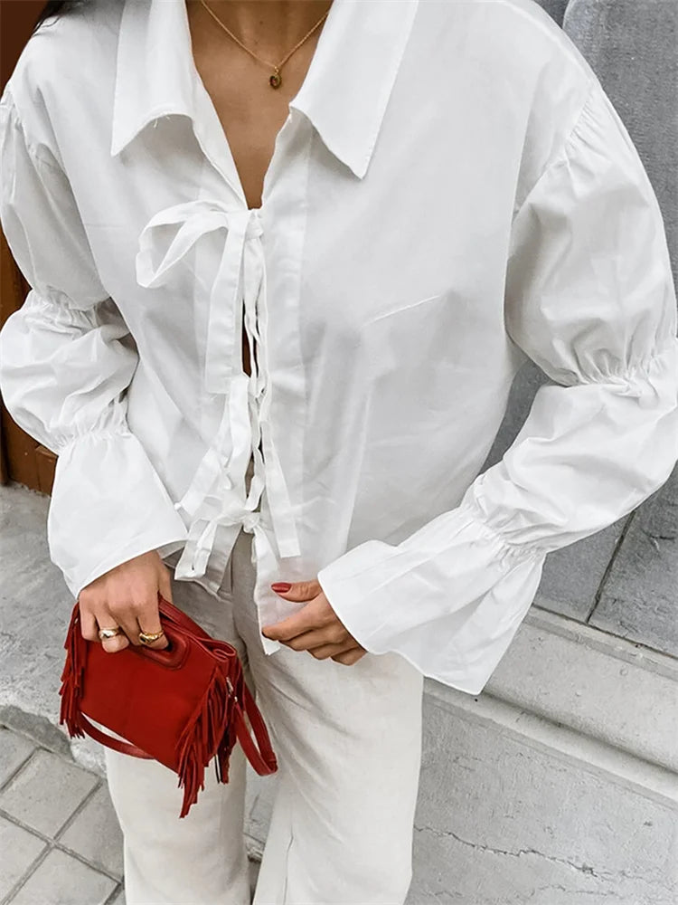 Chiffon Lace-up Hollow Out Shirts ’s Lapel Patchwork Bandage Long Sleeve Blouse Top Female White Outwear