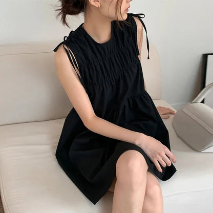 High Street Laceup Pleated Loose Tank Dress Summer New Korean Oneck Color Sleeveless Mini Dress