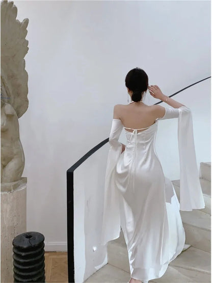 Summer Satin Silky Off Shoulder Slim White Cocktail Dress Lady Party Maxi Dress Vestidos De Fiesta Para Bodas