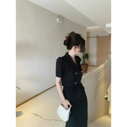 Summer Blouse Suits Purple Korean Short Sleeve Shirts +hight Waist Skirts 2 Pieces Set