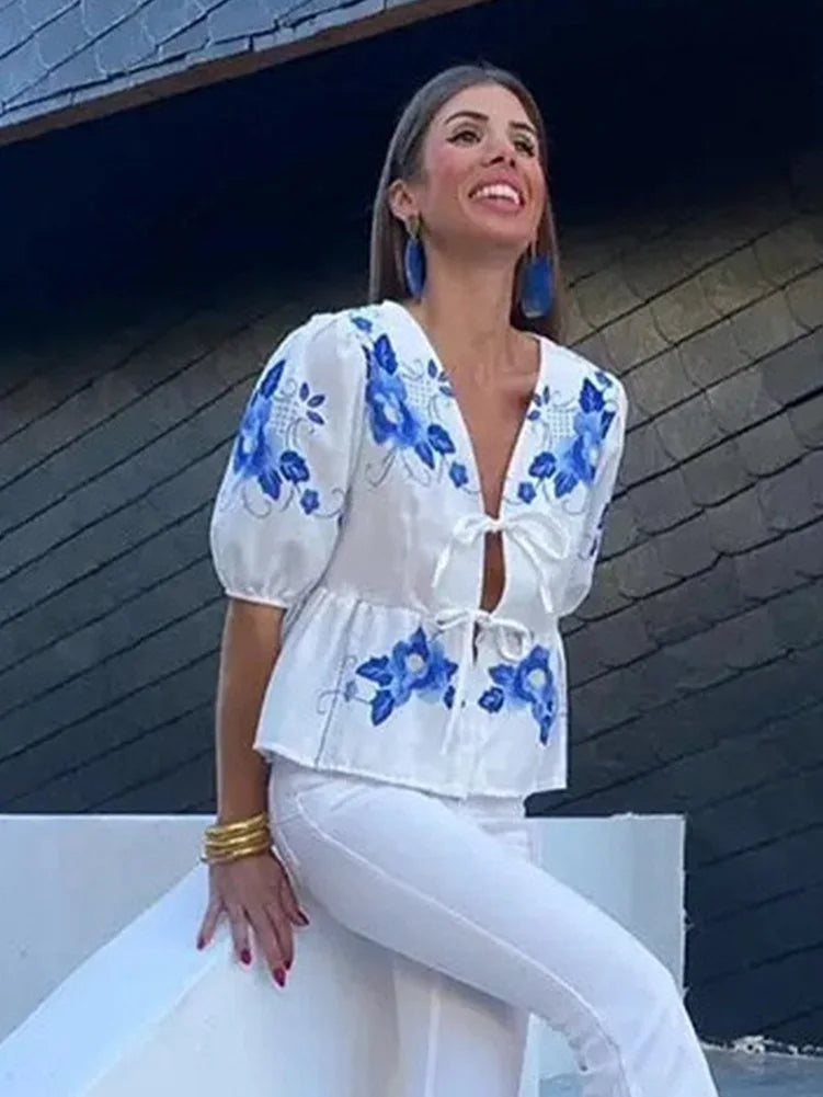 Summer Printed Short Sleeves Shirt Vneck Bow Laceup Cropped Top Female Sweet Blouse Top