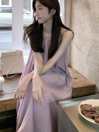 Summer Purple Off Shoulder Loose Pleated Sundress New Sleeveless Long Dress Slim Robe Clothes