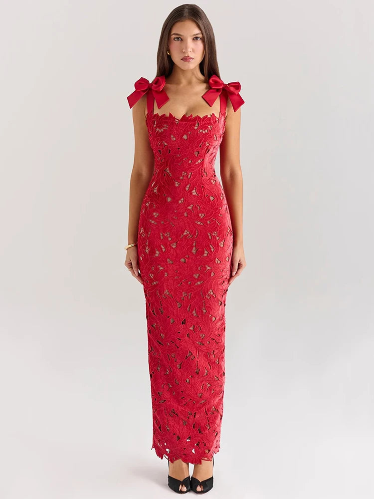 Bows Lace Maxi Dress for Sleeveless Backless Bodycon New Year’s Birthday Club Party Long Dress