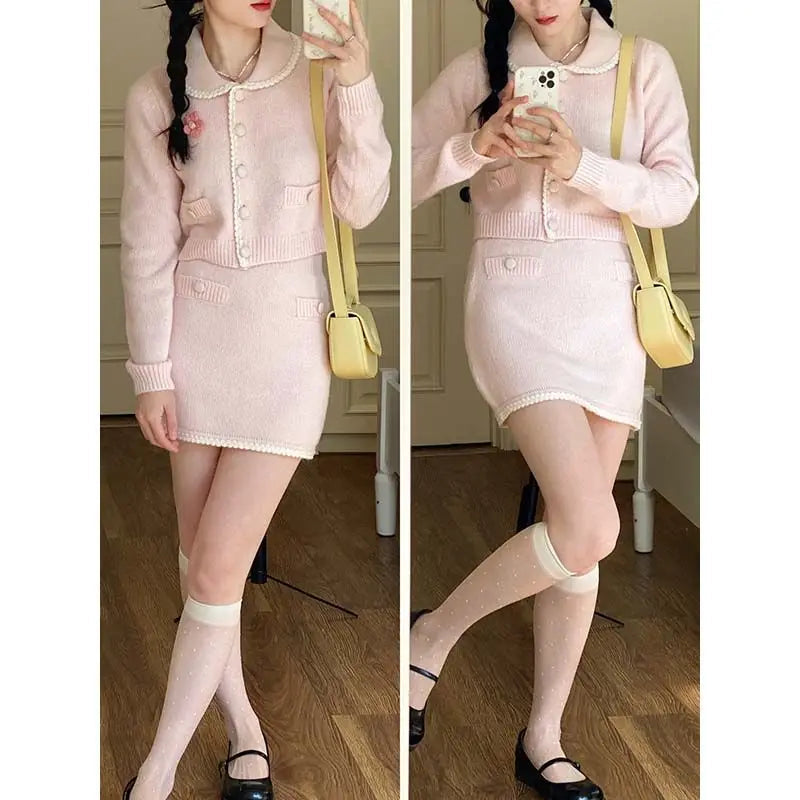 Sweet Hot Girl Suit Autumn Turndown Collar Knitted Cardigan High Waist Wrap Hip Skirt Twopiece Set Female Clothes