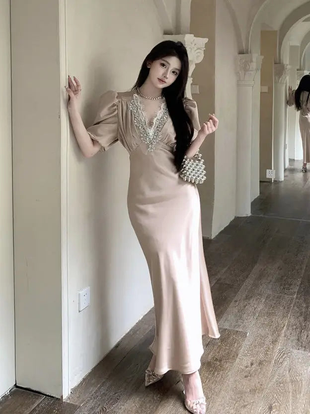 Summer Short Sleeve Lace Satin Vneck Maxi Dress French High End Waist Slimming Wrap Hip Evening Dress for