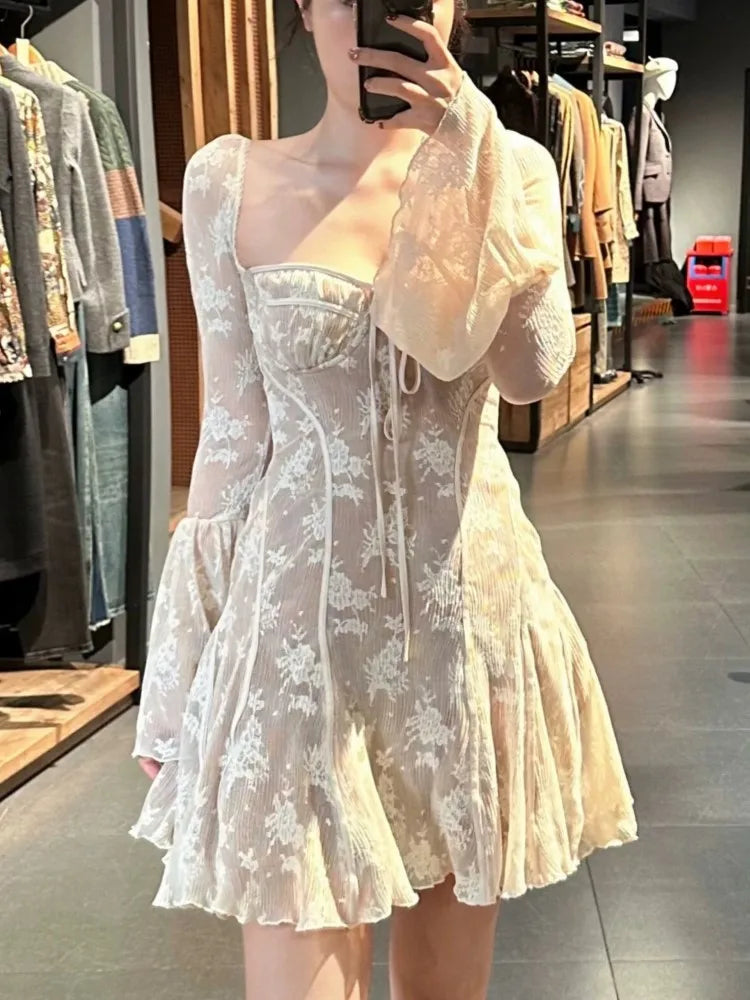 French Lace Mini Dress Y2k Off Shoulder Lace Up Ruffles Aline Autumn Spring Long Sleeve Party Dress Prom Vestidos