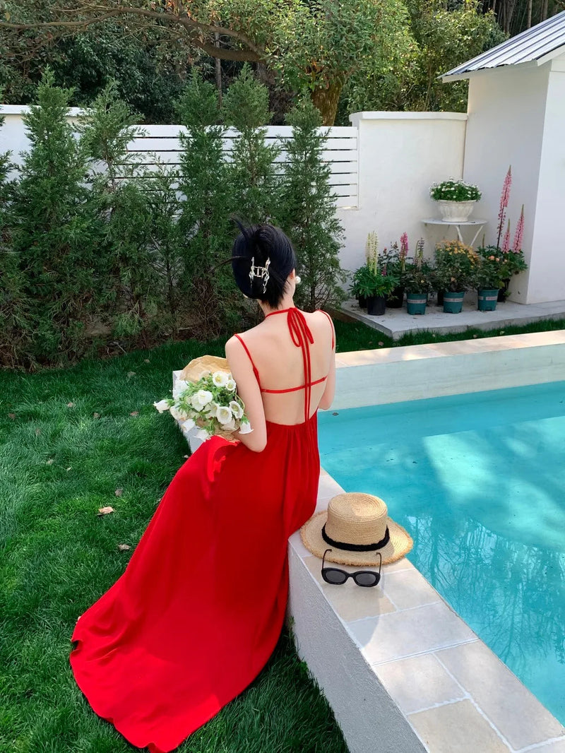 Backless Long Dresses Spaghetti Strap Halter Laceup Wedding Evening Party Dress French Style Aline Vestidos