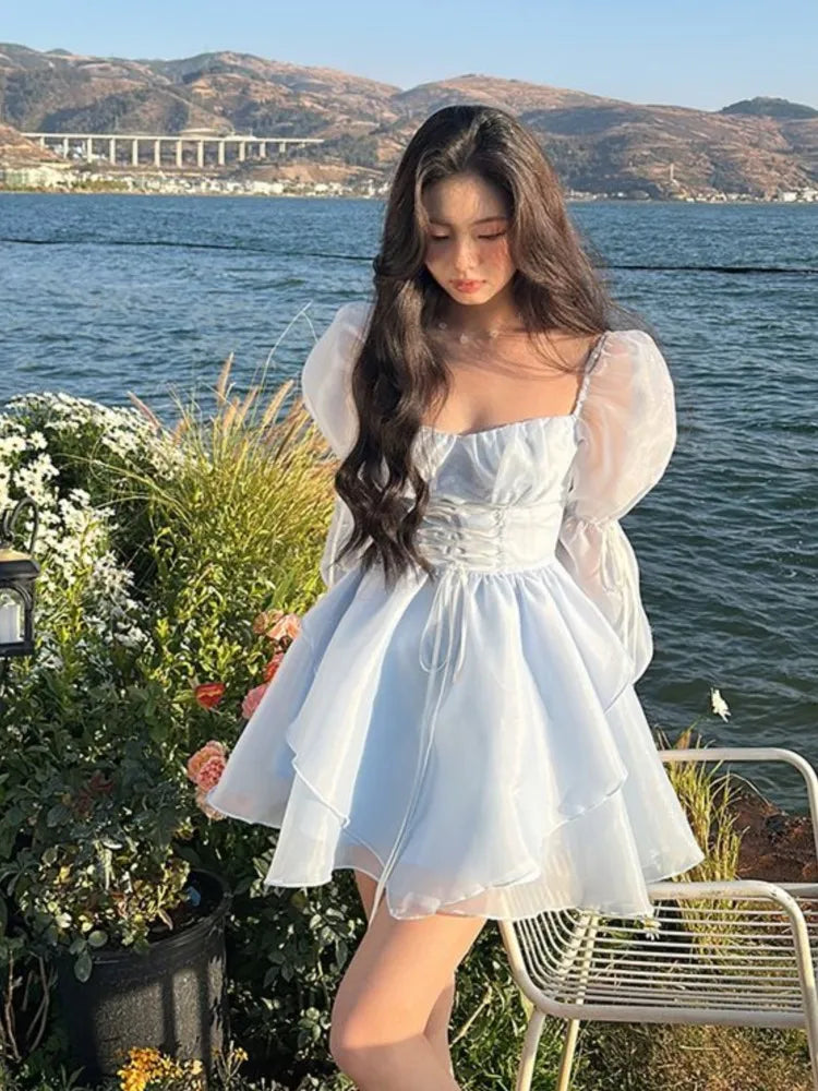 Sweet Kawaii Mini Dress Korean Party Dress Fairy Princess Puff Sleeve Summer Prom Dress
