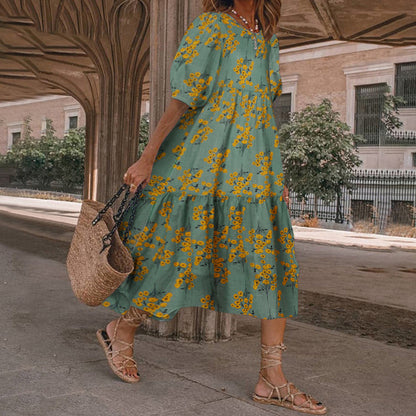 Summer New ’s Print Dress Puff Short Sleeves Ruffles Loose A-line Midi Dresses Beach Vacation Vestidos