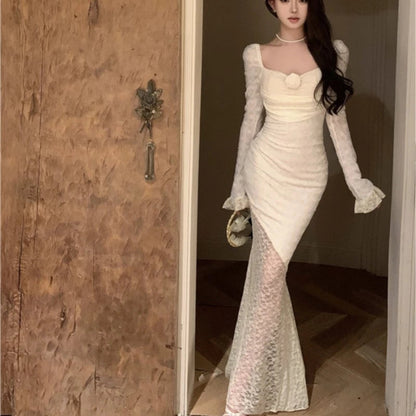 Lace Long Dresses for Off Shoulder Fishtail Bodycon Mermaid Autumn Spring Birthday Evening Party Prom Robe Vestidos