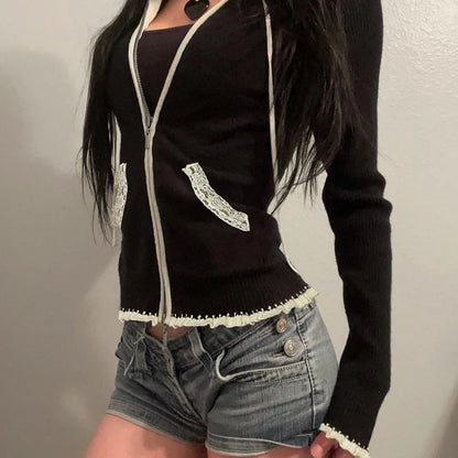 Y2k Zip Up Sweater With Hooded Slightly Thick Autumn Winter Lace Trim Pocket Knit Coat Slim Contrast